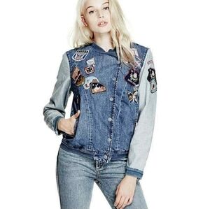 RARE Guess Denim Jean Varcity Bomber Biker Patched Jacket